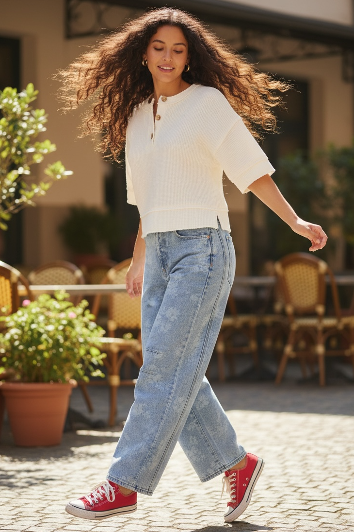 Woman walking outdoors in a casual setting with tables and chairs in the background
