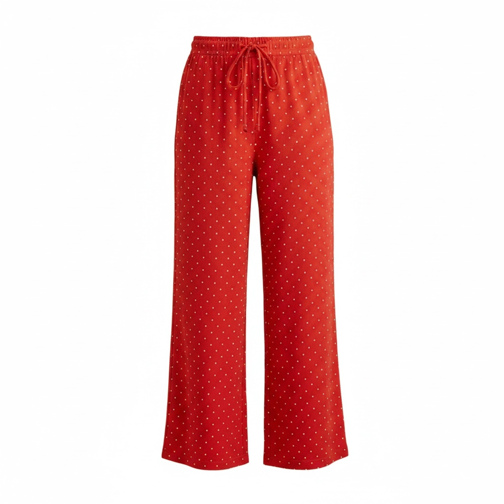 Red & White Polka Dot Wide-Leg Pants with Drawstring