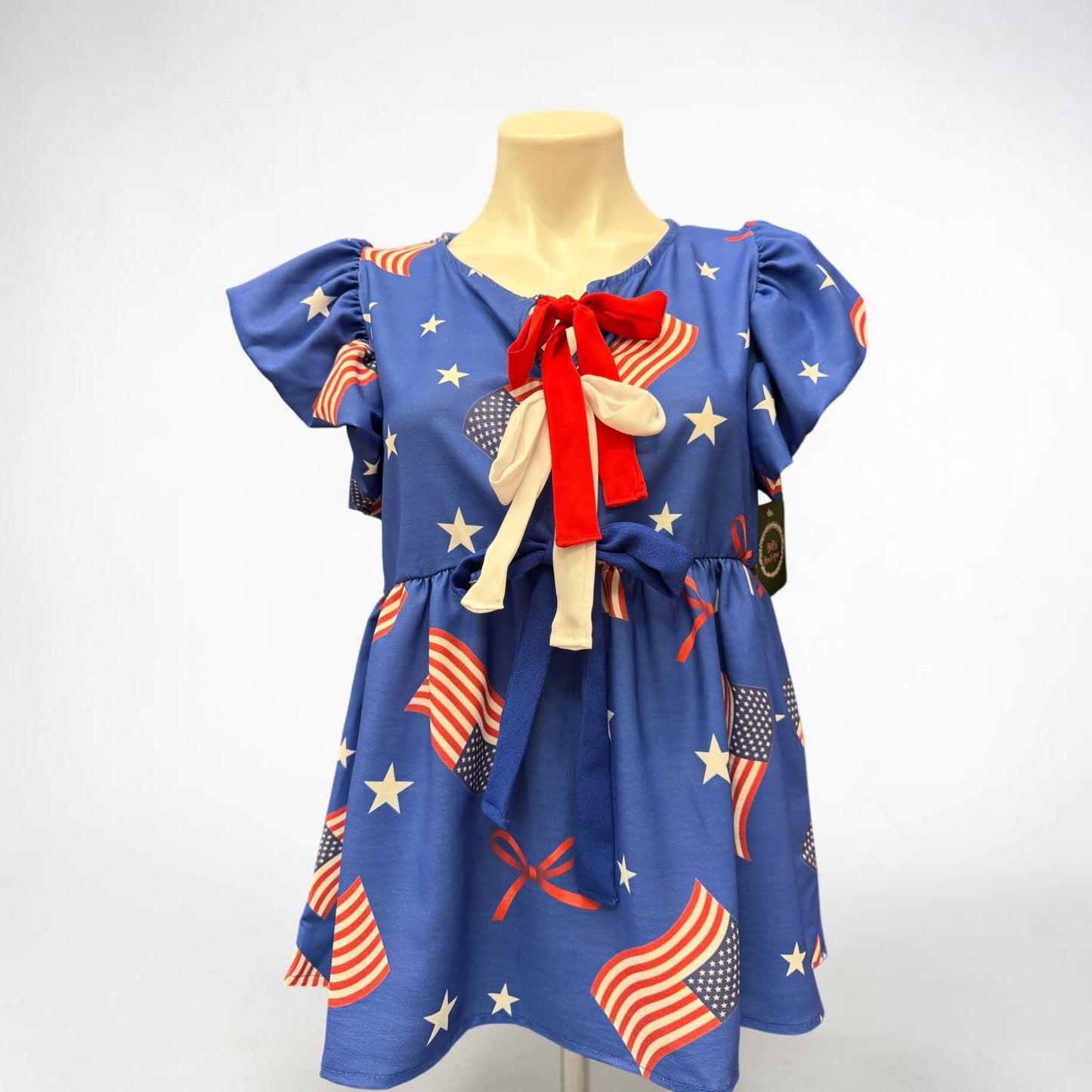 American Flag Blue & Red Stars & Bow Print Woven Top