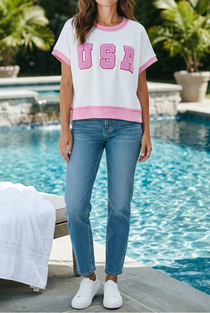 White with Pink Chenille & Rhinestone "USA" Knit Top