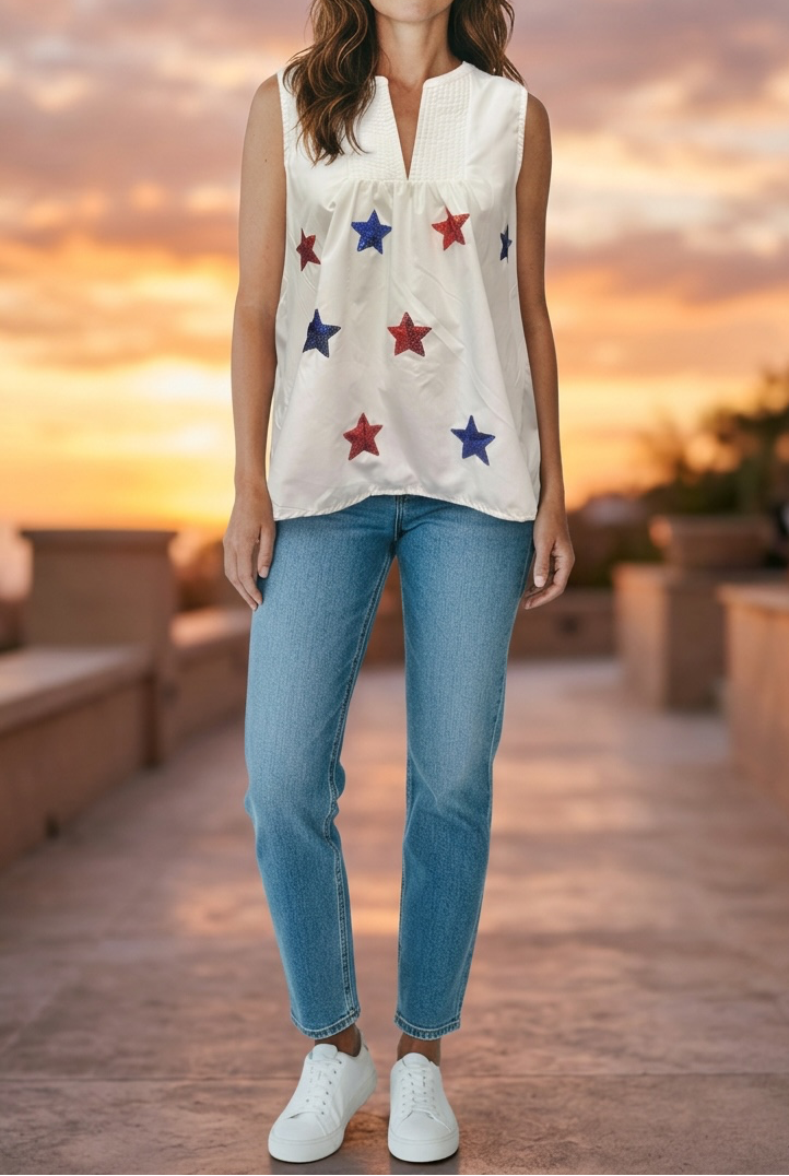White Sleeveless Patriotic Sequin Stars Top