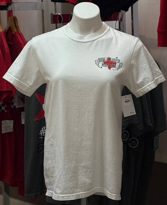White t-shirt with a logo on a mannequin in a clothing store.