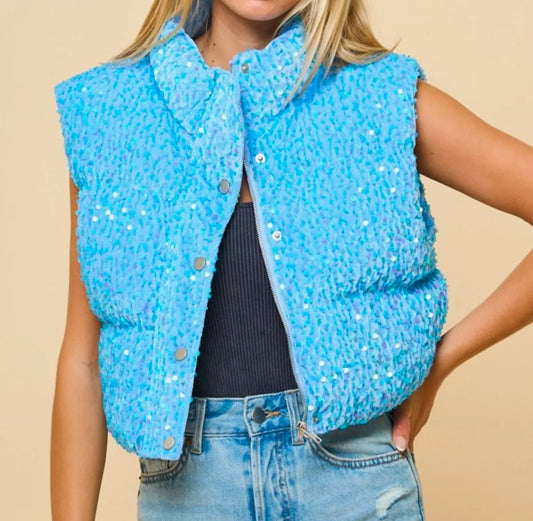 Sequin Puffer Vest (Blue)